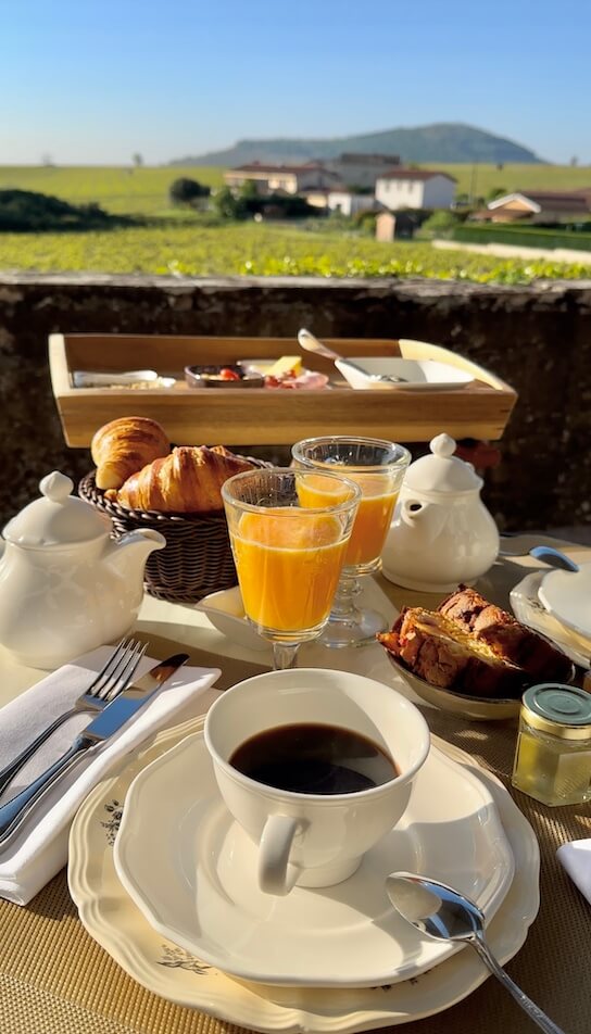 Petit-déjeuner avec vue sur les vignes de l'Hôtel Villa Alexandre. 